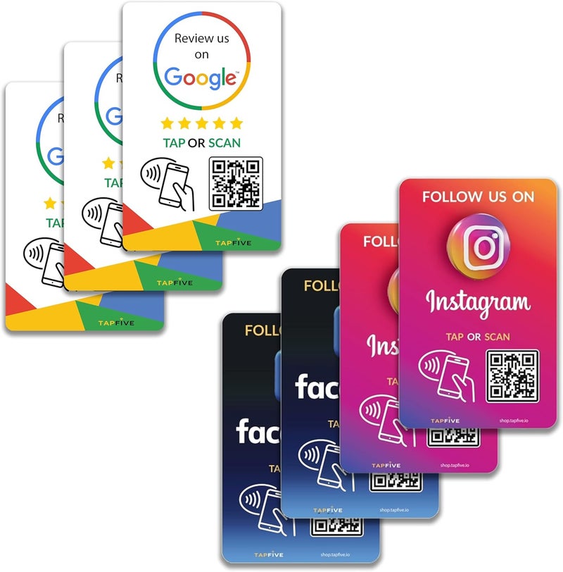 tapSnap TapFive Google Review Tap Cards + Follow Us on Instagram & Facebook - 7-Pack Social Pack - Tap for Instant Reviews & Followers - All Phones Compatible - Reusable NFC & QR - Image 1